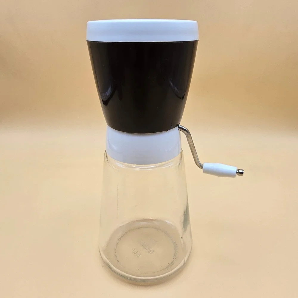 Vintage Cemco Nut Chopper Grinder‎ Glass Jar White Brown Handle Crank